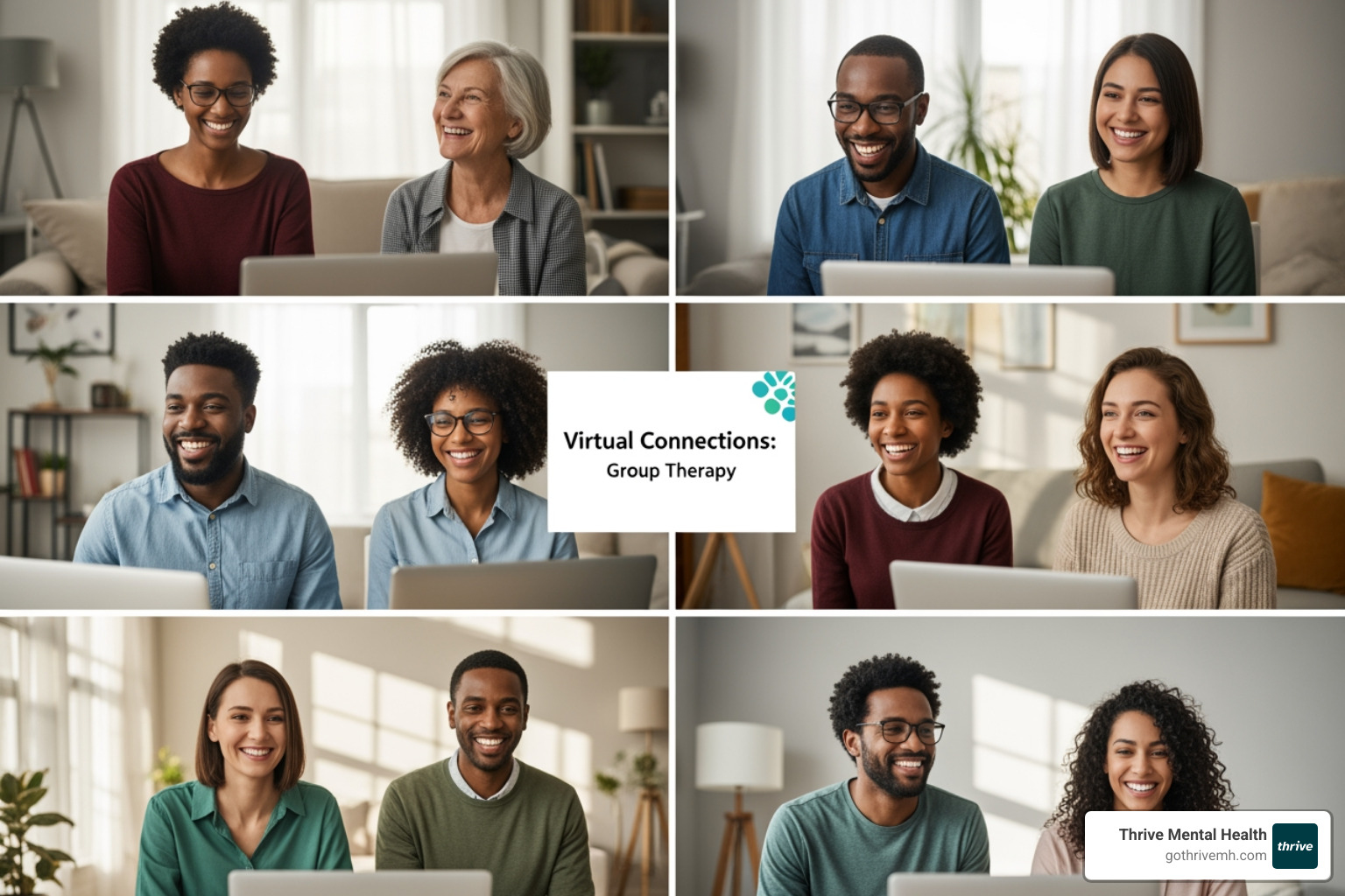 Diverse group of people connecting on a video call for a group therapy session, all smiling and engaged - virtual dialectical behavior therapy