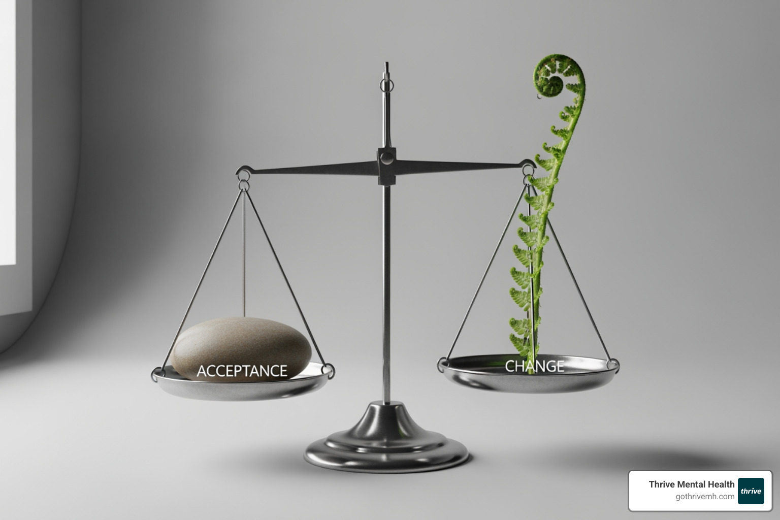Balance scales with "Acceptance" on one side and "Change" on the other, indicating equilibrium - virtual dialectical behavior therapy