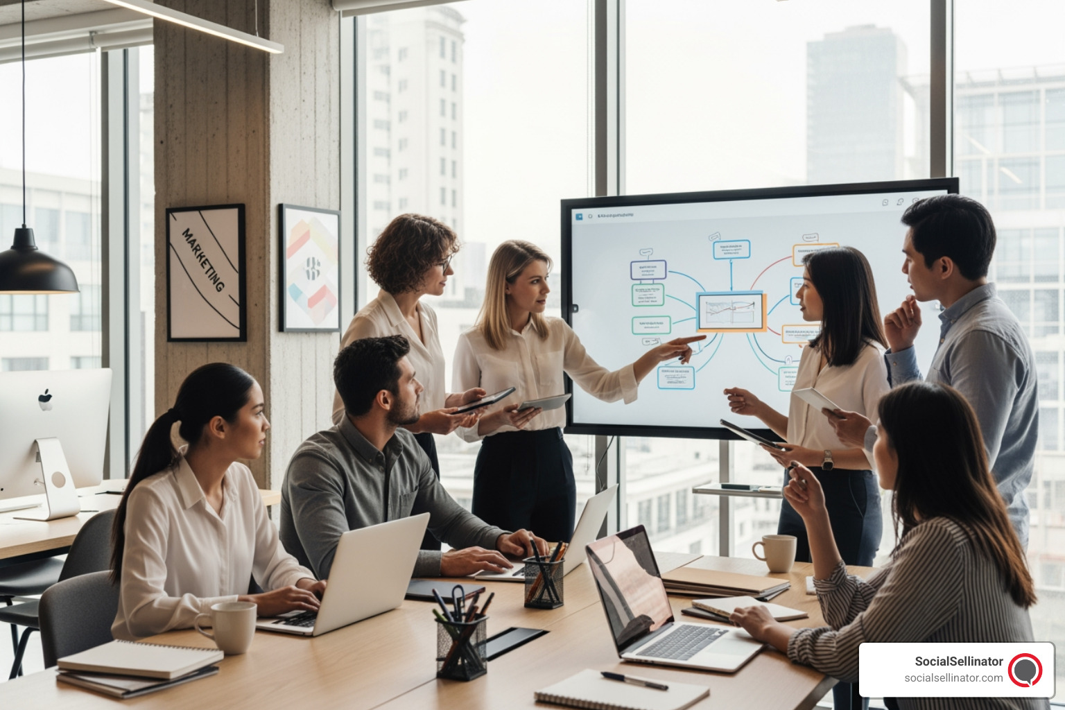 A diverse team collaborating on a digital marketing strategy in an office setting - Los Angeles SEO services