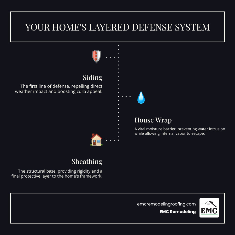 Infographic showing cross-section of home exterior wall with labeled layers: vinyl siding as outer protection, house wrap as moisture barrier, sheathing as structural support, and insulation inside. Arrows indicate how each layer blocks wind, rain, and temperature extremes from reaching the interior structure. - siding repair belton infographic infographic-line-3-steps-dark