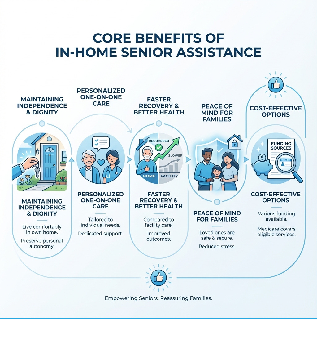 infographic showing the core benefits of in-home senior assistance: maintaining independence and dignity at home, personalized one-on-one care tailored to individual needs, faster recovery and better health outcomes compared to facility care, peace of mind for families knowing loved ones are safe, and cost-effective options with various funding sources including Medicare - In-home senior assistance infographic infographic showing the core benefits of in-home senior assistance: maintaining independence and dignity at home, personalized one-on-one care tailored to individual needs, faster recovery and better health outcomes compared to facility care, peace of mind for families knowing loved ones are safe, and cost-effective options with various funding sources including Medicare - In-home senior assistance infographic