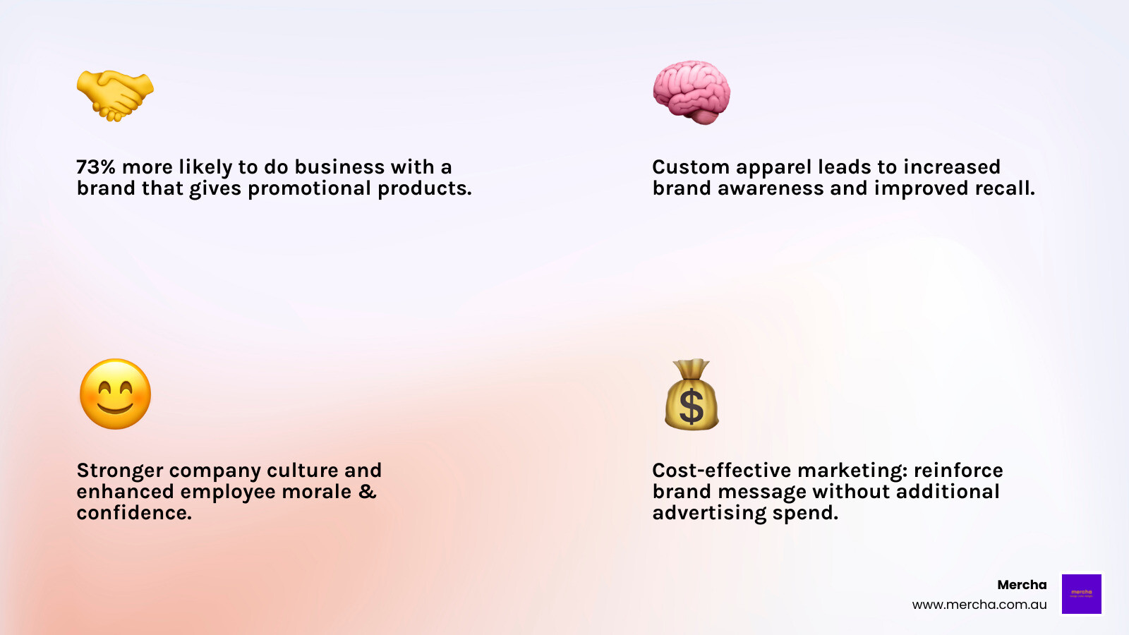 Infographic showing business shirts with company logo benefits including 73% increased likelihood of doing business after receiving promotional products, improved brand recall, enhanced team morale, and long-term cost-effective marketing impact - business shirts with company logo infographic 4_facts_emoji_light-gradient Infographic showing business shirts with company logo benefits including 73% increased likelihood of doing business after receiving promotional products, improved brand recall, enhanced team morale, and long-term cost-effective marketing impact - business shirts with company logo infographic 4_facts_emoji_light-gradient
