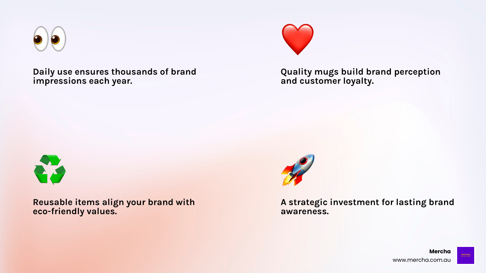 Infographic showing the key benefits of custom mugs for branding: daily visibility creates thousands of impressions annually, quality items improve brand perception and customer loyalty, and reusable mugs align with eco-friendly values and reduce waste - coffee mugs custom infographic 4md5-837cb70c991f8f0ed5986fa17d8e524afactsmd5-837cb70c991f8f0ed5986fa17d8e524aemojimd5-837cb70c991f8f0ed5986fa17d8e524alight-gradient