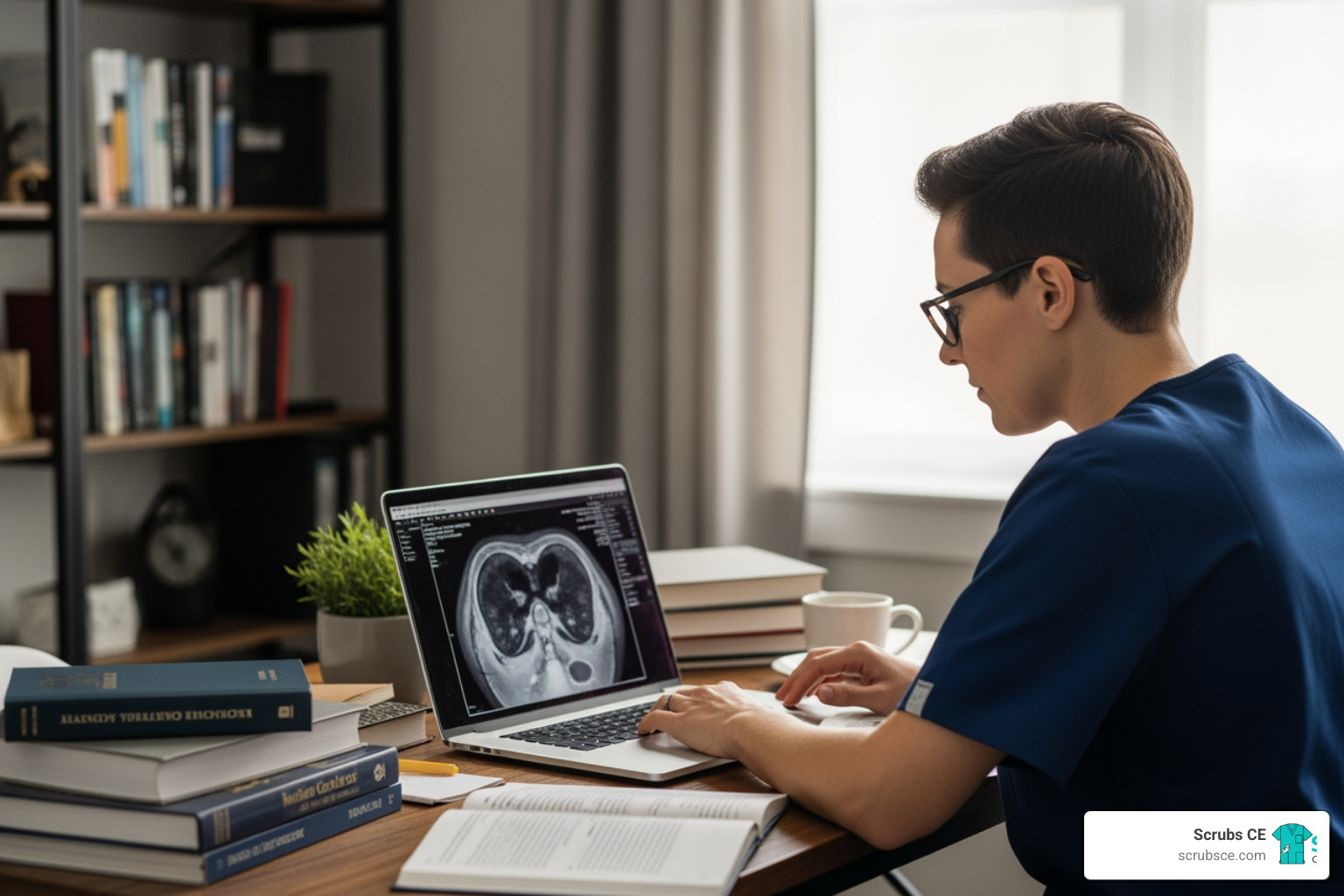 radiologic technologist studying on laptop - Online radiology education radiologic technologist studying on laptop - Online radiology education