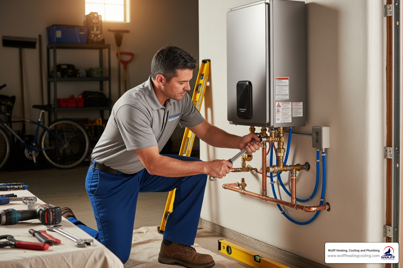 Infographic showing how tankless water heaters provide on-demand hot water: cold water enters the unit, flows through a heat exchanger when a hot water tap opens, gets heated by gas burner or electric element, and delivers continuous hot water to faucets and appliances without storage tank limitations - tankless water heater installation corrales nm Infographic showing how tankless water heaters provide on-demand hot water: cold water enters the unit, flows through a heat exchanger when a hot water tap opens, gets heated by gas burner or electric element, and delivers continuous hot water to faucets and appliances without storage tank limitations - tankless water heater installation corrales nm