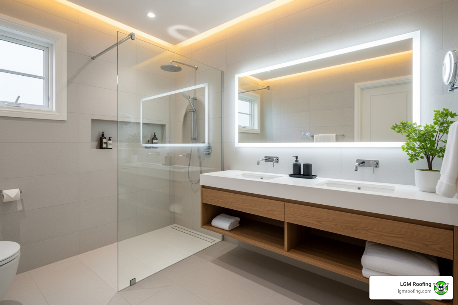 infographic showing bathroom remodeling benefits including 65% ROI, increased home value of $13,700 to $39,000, improved daily functionality, and timeline of 1-4 weeks depending on project scope - best bathroom remodeling in jersey city, nj Modern bathroom interior featuring a glass shower, sleek vanity with dual sinks, illuminated mirror, and natural elements, representing quality craftsmanship by LGM Roofing for bathroom remodeling in Jersey City.