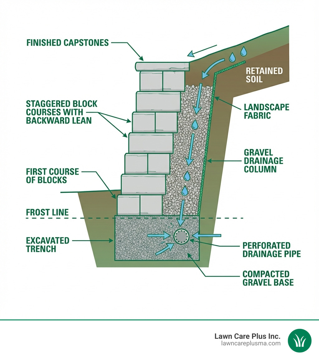 Detailed cross-section diagram of a retaining wall showing excavated trench below frost line, compacted gravel base, first course of blocks, perforated drainage pipe at base, gravel drainage column behind wall, landscape fabric separating gravel from soil, staggered block courses with backward lean, and finished capstones on top - build a retaining wall on a slope infographic Detailed cross-section diagram of a retaining wall showing excavated trench below frost line, compacted gravel base, first course of blocks, perforated drainage pipe at base, gravel drainage column behind wall, landscape fabric separating gravel from soil, staggered block courses with backward lean, and finished capstones on top - build a retaining wall on a slope infographic
