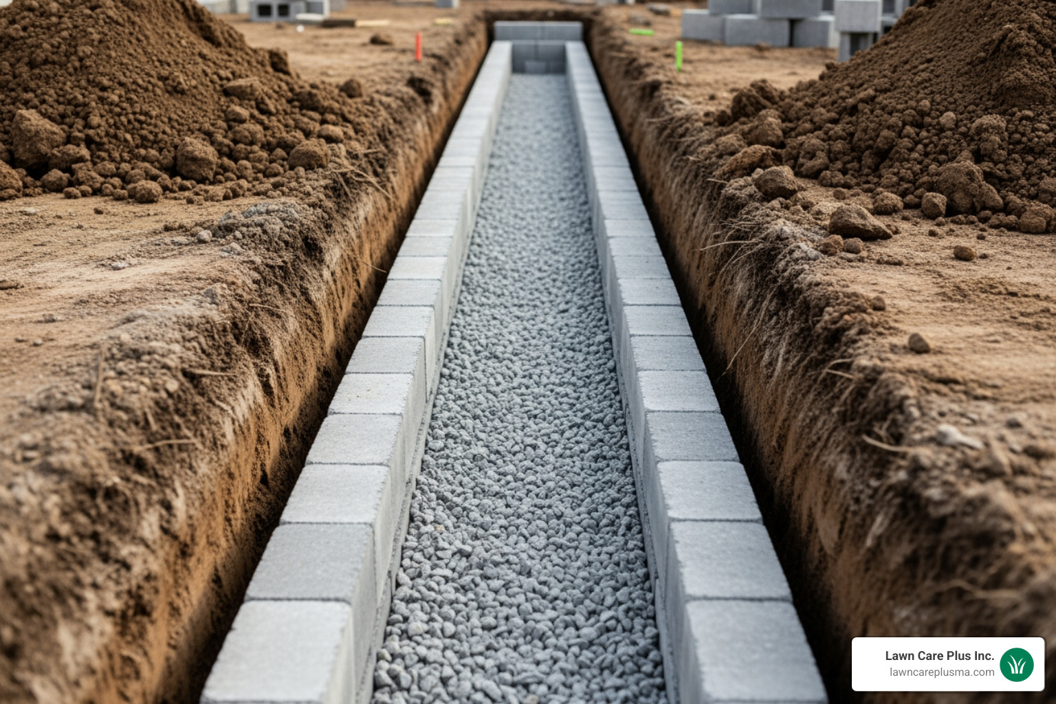 A trench for a retaining wall, showing a level, compacted gravel base and the excavated earth around it - build a retaining wall on a slope A trench for a retaining wall, showing a level, compacted gravel base and the excavated earth around it - build a retaining wall on a slope