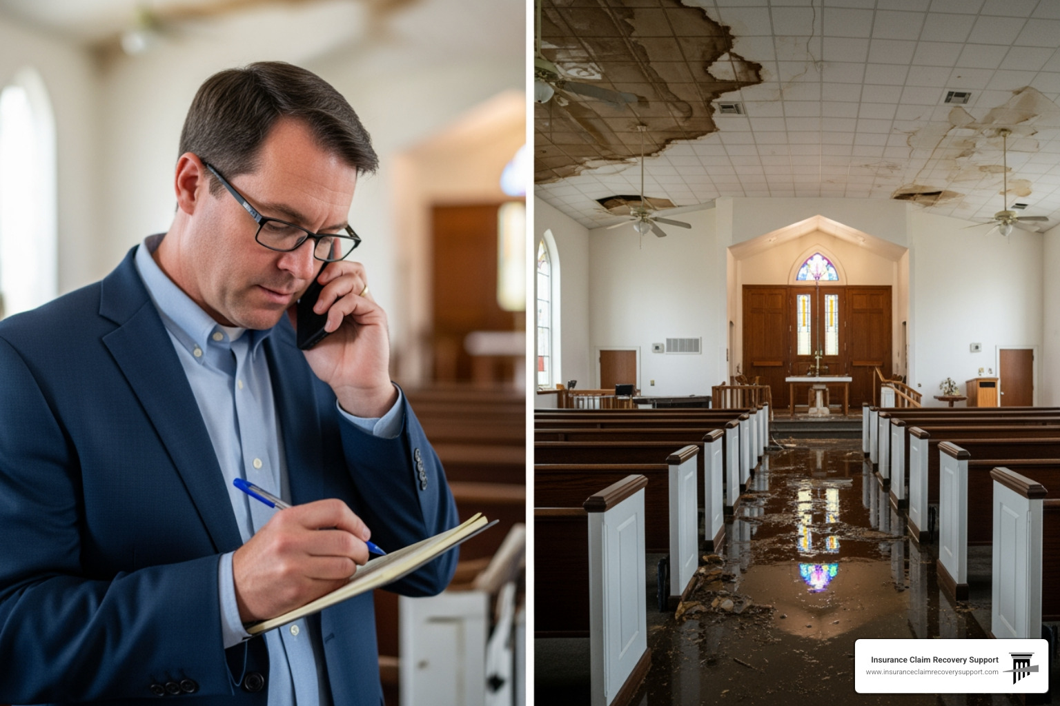 church leader on the phone, taking notes with visible water damage in the background - church insurance claim process