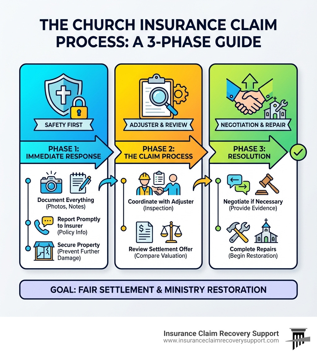 detailed infographic showing three main phases of church insurance claims: Phase 1 Immediate Response with steps for safety and documentation, Phase 2 The Claim Process with adjuster coordination and settlement review, and Phase 3 Resolution with negotiation and repair completion - church insurance claim process infographic 