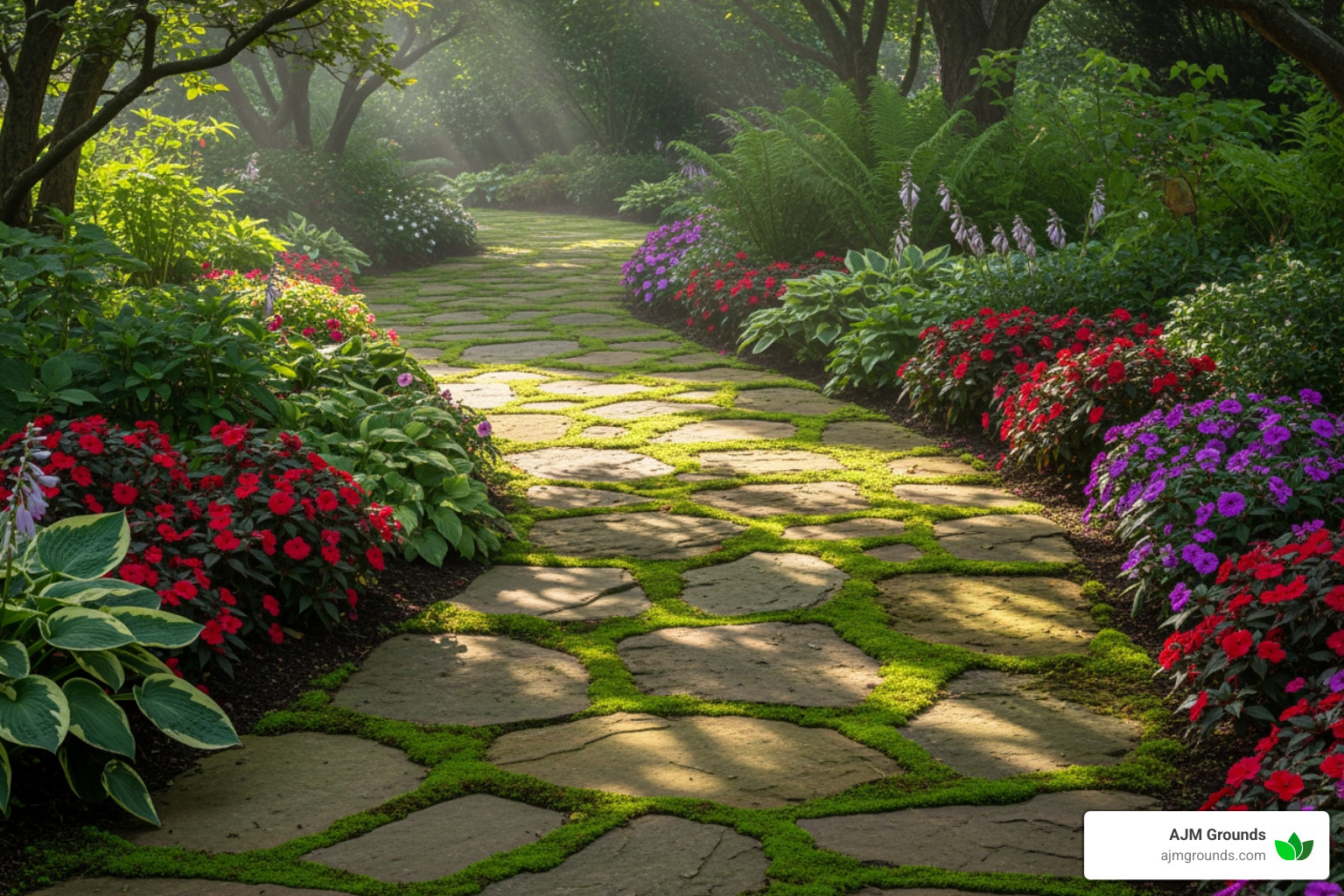 rustic, irregular flagstone path with moss growing between the stones - Flagstone walkway ideas