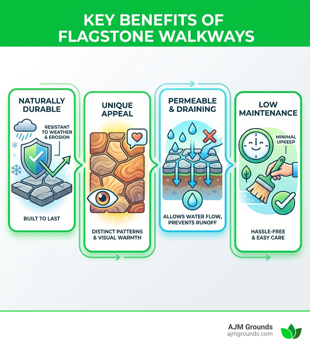infographic showing the key benefits of flagstone walkways: naturally durable material resistant to weather and erosion, unique patterns and textures add visual appeal, permeable surface allows water drainage and prevents runoff, low maintenance requirements with minimal upkeep needed - Flagstone walkway ideas infographic 