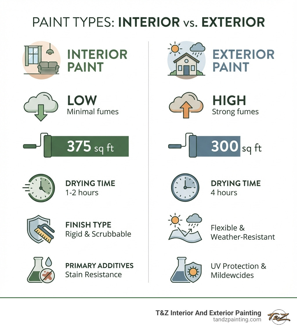 infographic showing side-by-side comparison of interior vs exterior paint with icons for VOC levels (low vs high), coverage area (375 sq ft vs 300 sq ft per gallon), drying time (1-2 hours vs 4 hours), finish type (rigid and scrubbable vs flexible and weather-resistant), and primary additives (stain resistance vs UV protection and mildewcides) - use exterior paint inside infographic 