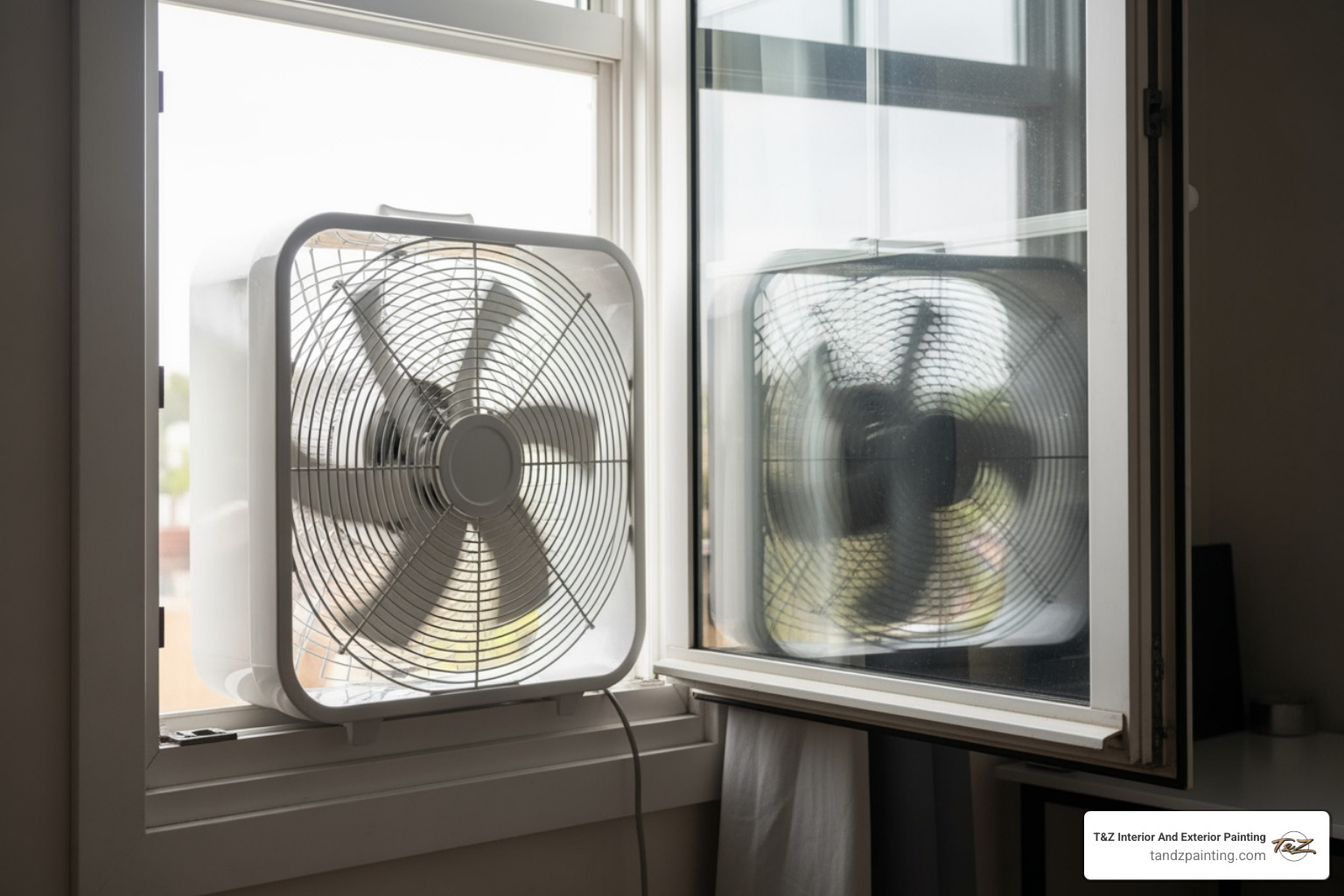 open window with a fan for ventilation - use exterior paint inside
