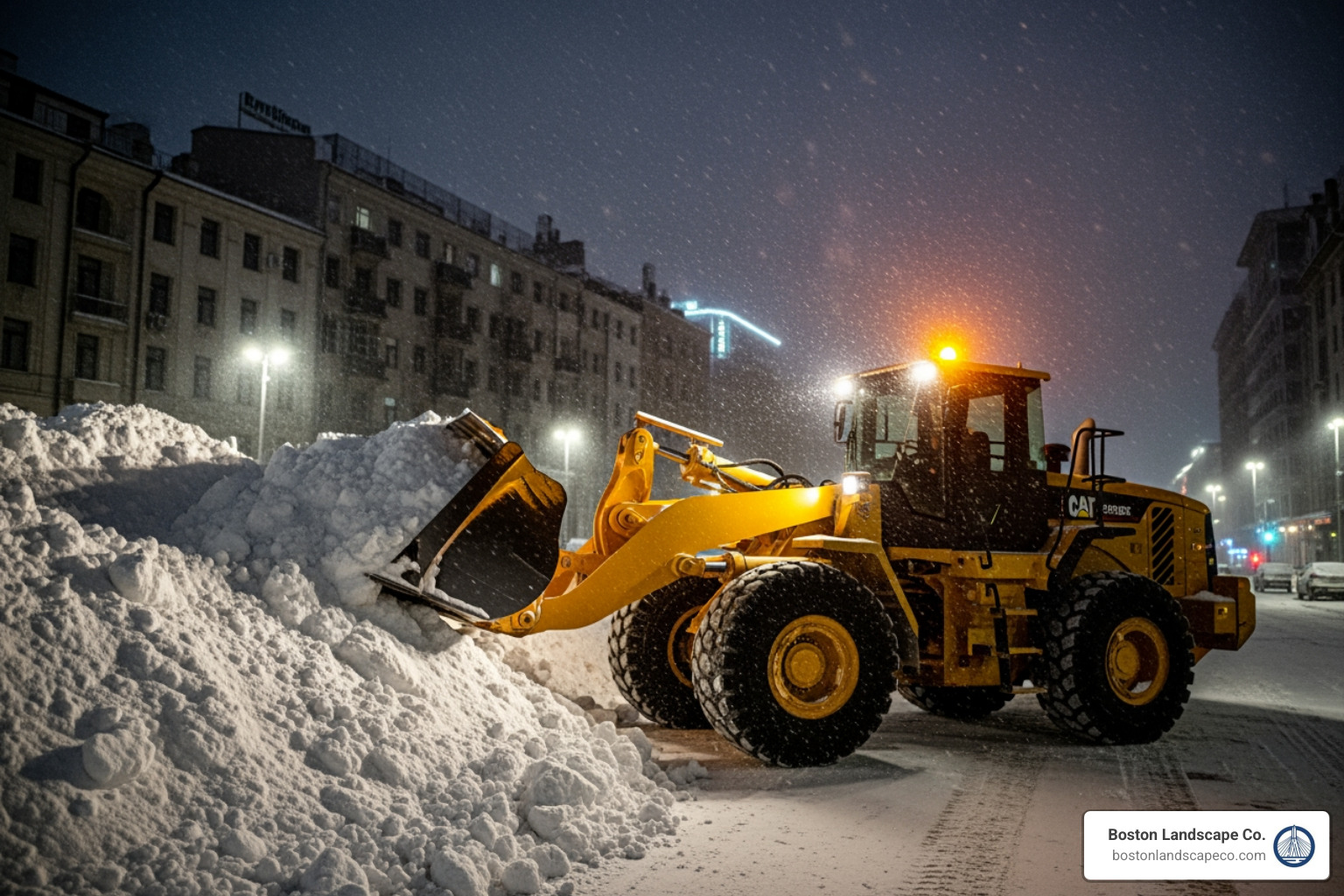large front-end loader clearing a massive snow pile at night - emergency snow removal Boston