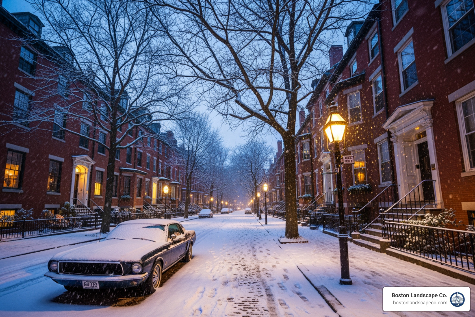 snow covered street in historic Boston neighborhood - emergency snow removal Boston