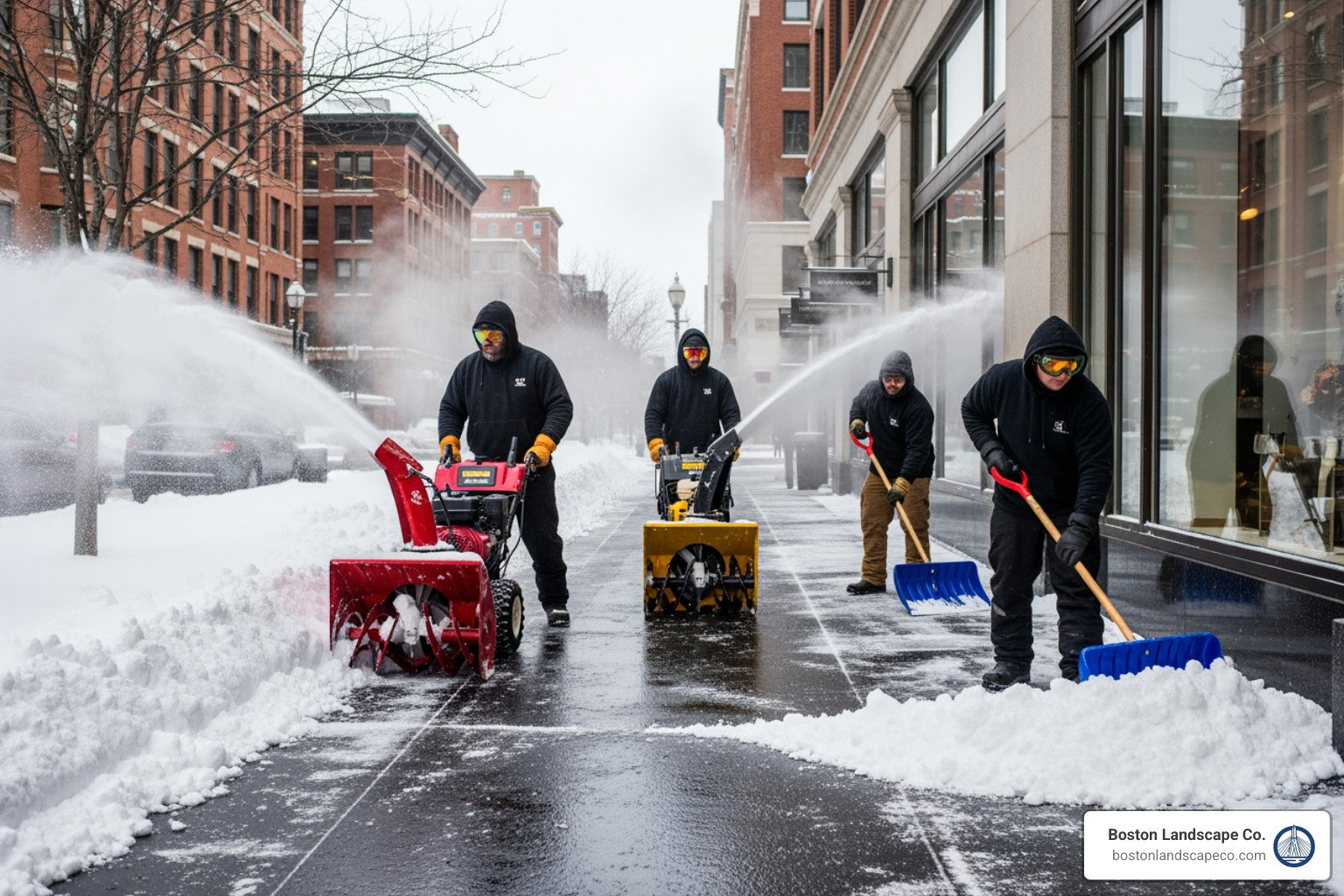 team of professionals using snow blowers and shovels on a commercial walkway - emergency snow removal Boston