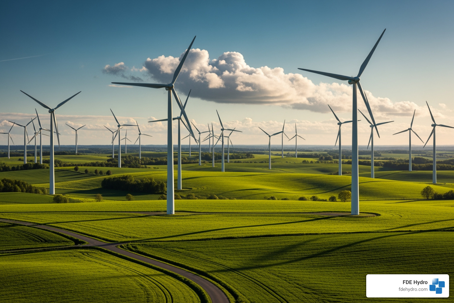 An onshore wind farm with numerous turbines turning in a field - most cost effective renewable energy