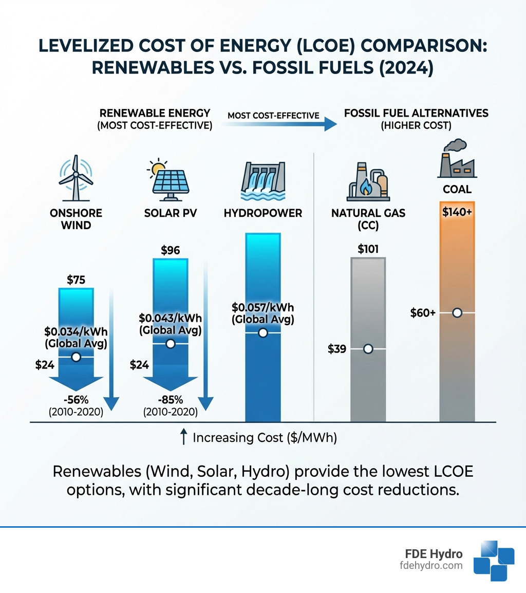 Infographic comparing levelized cost of energy for onshore wind, solar PV, hydropower, natural gas, and coal, showing renewables as the most cost-effective options with specific LCOE ranges and percentage cost reductions over the past decade - most cost effective renewable energy infographic 