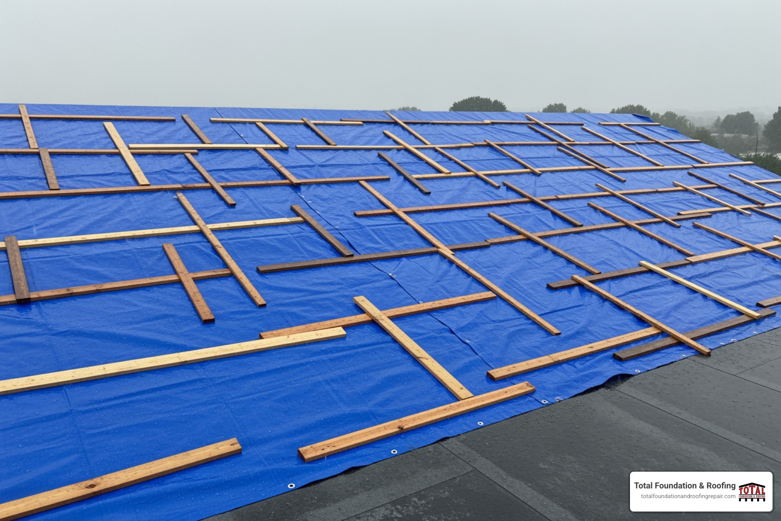 flat roof correctly covered with a heavy-duty tarp, secured with wood planks - flat roof repair in wet weather flat roof correctly covered with a heavy-duty tarp, secured with wood planks - flat roof repair in wet weather