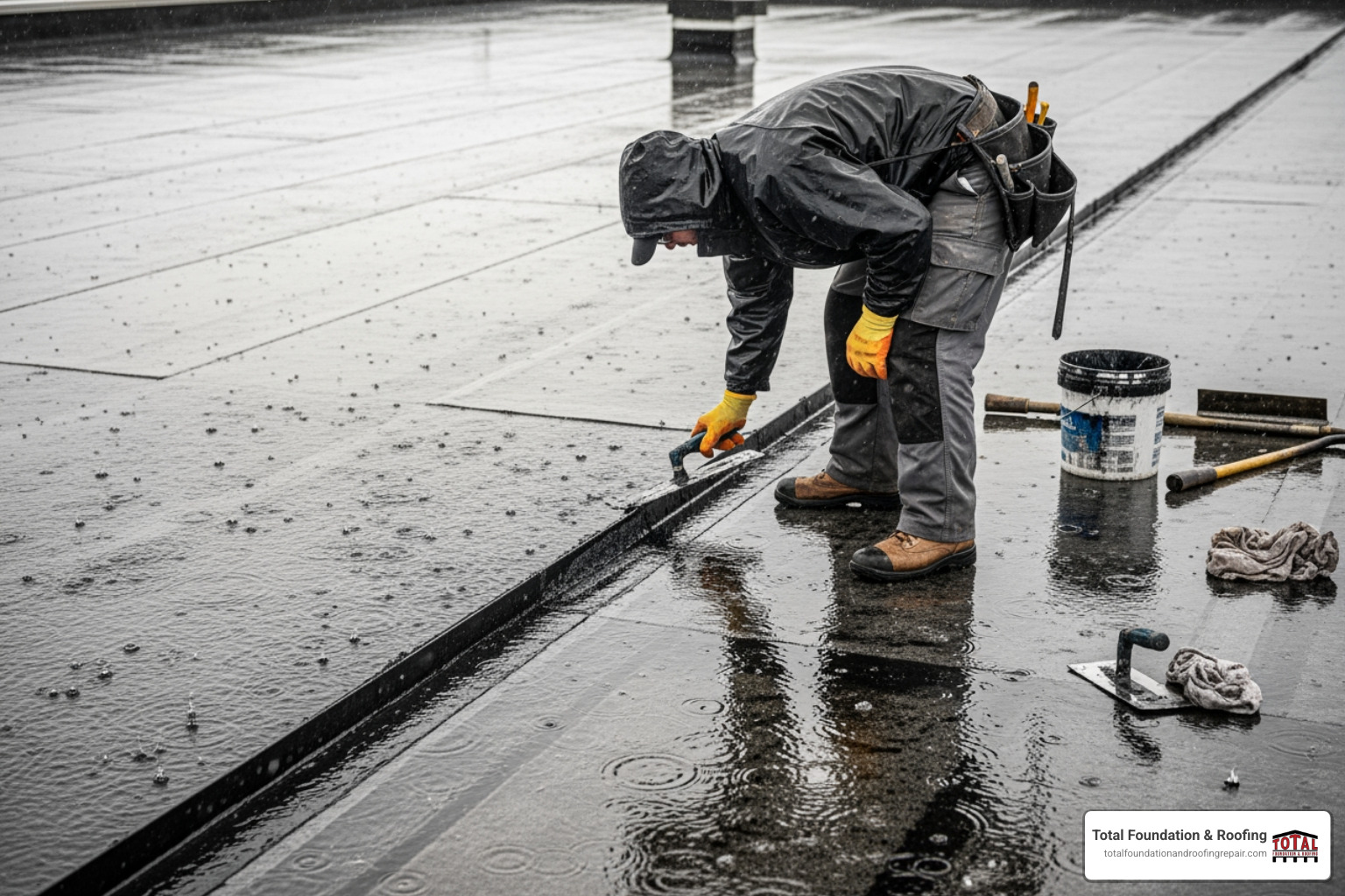 roofer applying a wet-patch sealant to a seam on a flat roof - flat roof repair in wet weather roofer applying a wet-patch sealant to a seam on a flat roof - flat roof repair in wet weather