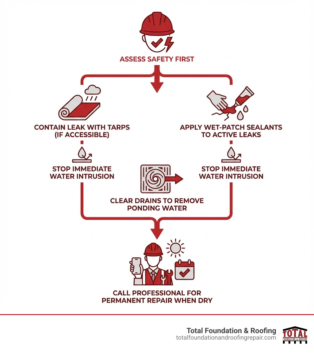 infographic showing emergency flat roof repair decision tree: assess safety first, contain leak with tarps if accessible, apply wet-patch sealants to active leaks, clear drains to remove ponding water, call professional for permanent repair when dry - flat roof repair in wet weather infographic infographic showing emergency flat roof repair decision tree: assess safety first, contain leak with tarps if accessible, apply wet-patch sealants to active leaks, clear drains to remove ponding water, call professional for permanent repair when dry - flat roof repair in wet weather infographic