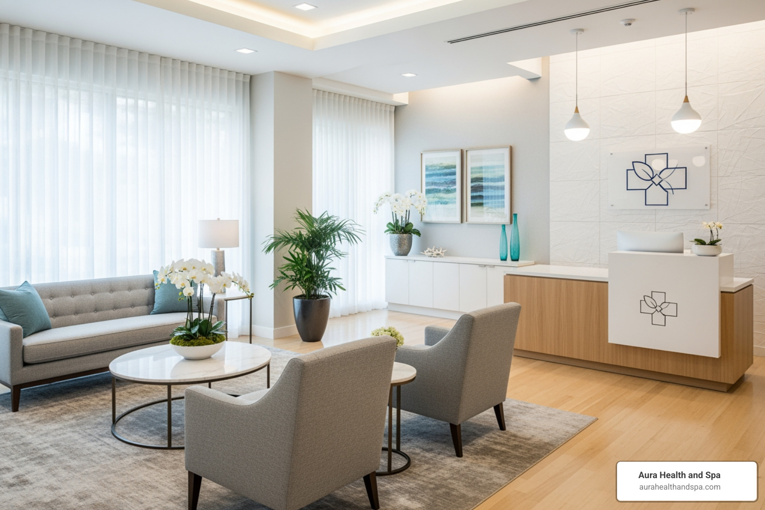 Aura Health & Spa welcoming reception area - day spa plymouth mi