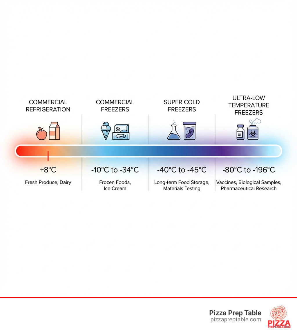 Infographic showing the temperature spectrum of industrial freezers: Commercial Refrigeration at +8°C (fresh produce, dairy); Commercial Freezers at -10°C to -34°C (frozen foods, ice cream); Super Cold Freezers at -40°C to -45°C (long-term food storage, materials testing); and Ultra-Low Temperature Freezers at -80°C to -196°C (vaccines, biological samples, pharmaceutical research) - industrial deep freezer infographic Infographic showing the temperature spectrum of industrial freezers: Commercial Refrigeration at +8°C (fresh produce, dairy); Commercial Freezers at -10°C to -34°C (frozen foods, ice cream); Super Cold Freezers at -40°C to -45°C (long-term food storage, materials testing); and Ultra-Low Temperature Freezers at -80°C to -196°C (vaccines, biological samples, pharmaceutical research) - industrial deep freezer infographic