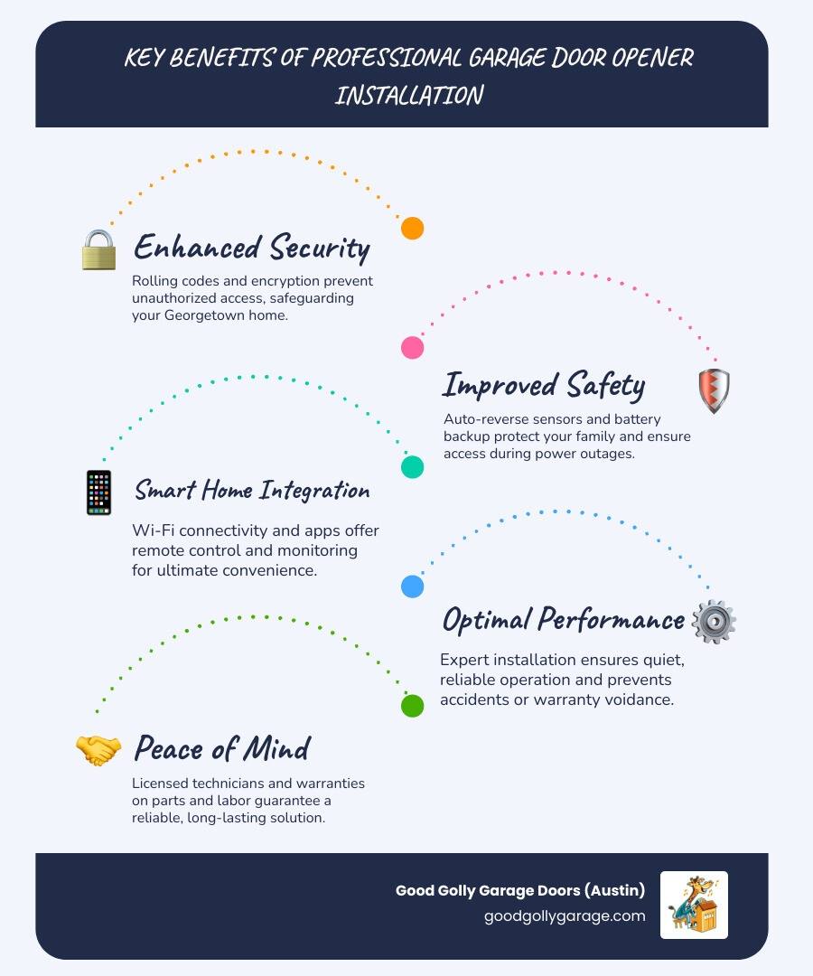 Infographic showing the key benefits of a professional garage door opener installation: enhanced home security with rolling codes and encryption, improved safety with auto-reverse sensors and battery backup, smart home integration with Wi-Fi control and MyQ app, quiet and reliable operation, proper installation to prevent accidents and warranty voidance, and peace of mind with licensed technicians and warranties on parts and labor - Garage Door Opener Installation Company in Georgetown TX infographic infographic-line-5-steps-blues-accent_colors