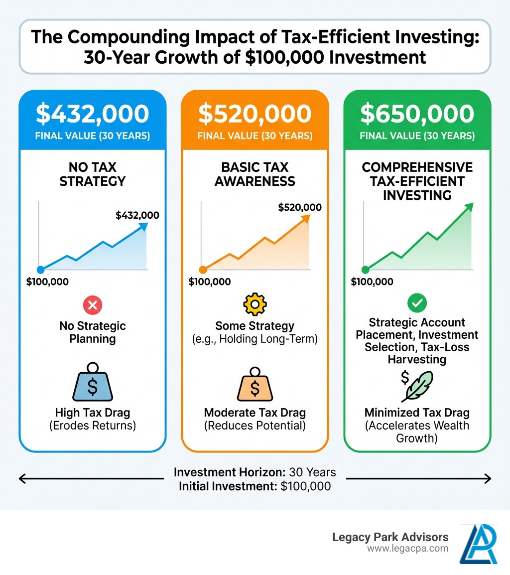Infographic showing three columns comparing a $100,000 investment over 30 years: Column 1 shows growth with no tax strategy reaching $432,000, Column 2 shows growth with basic tax awareness reaching $520,000, and Column 3 shows growth with comprehensive tax-efficient investing reaching $650,000, illustrating the compounding impact of minimizing tax drag through strategic account placement, investment selection, and tax-loss harvesting - tax efficient investing infographic 