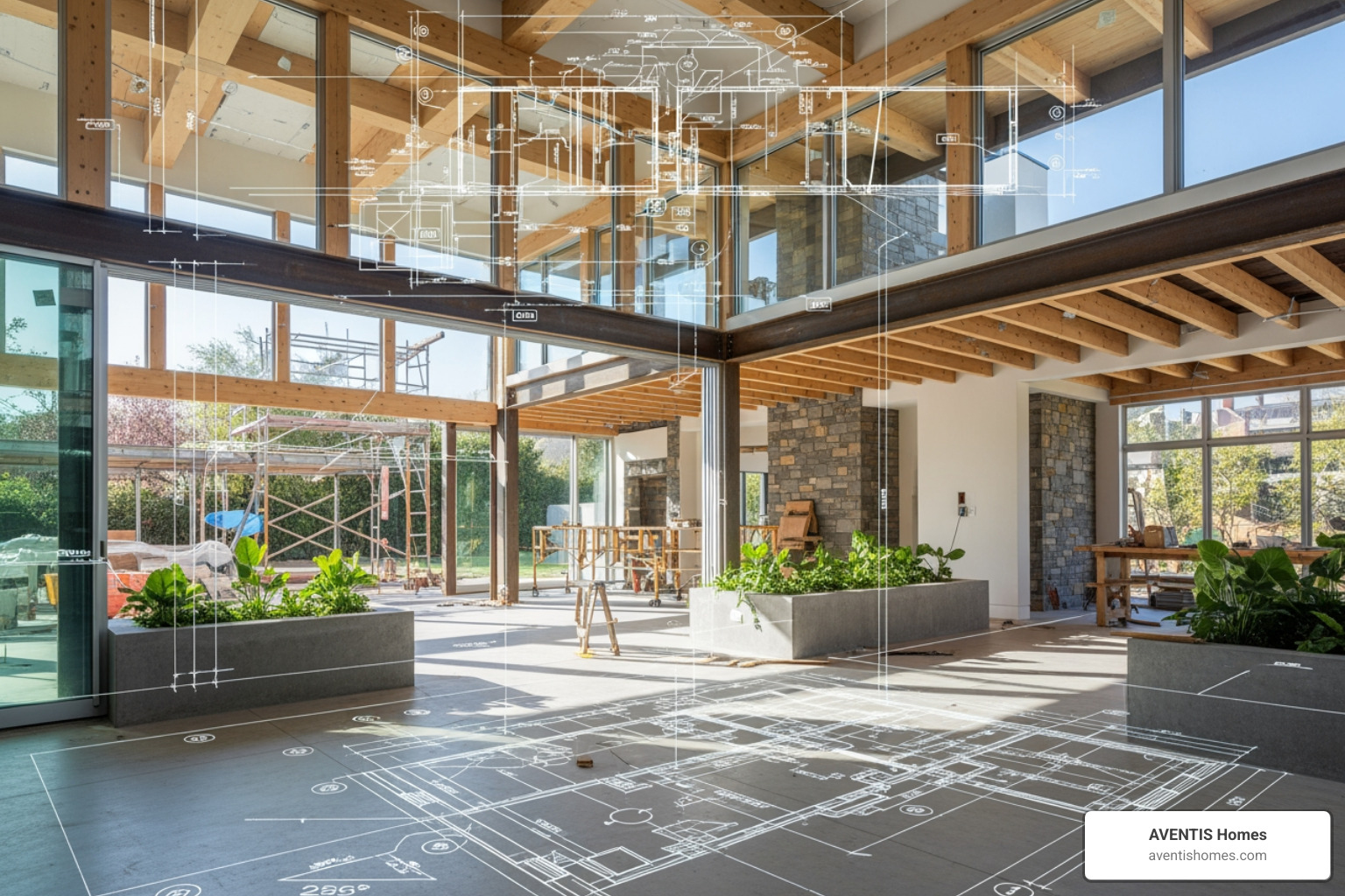 Detailed architectural blueprint overlaid on a photo of a home under construction - custom home construction costs