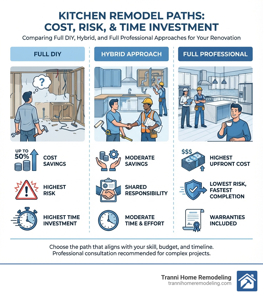 Infographic showing three kitchen remodel paths: Full DIY with cost savings up to 50% but highest risk and time investment; Hybrid approach with moderate cost savings and shared responsibility; Full Professional with highest upfront cost but lowest risk, fastest completion, and warranties included - do i need a contractor for kitchen remodel infographic 