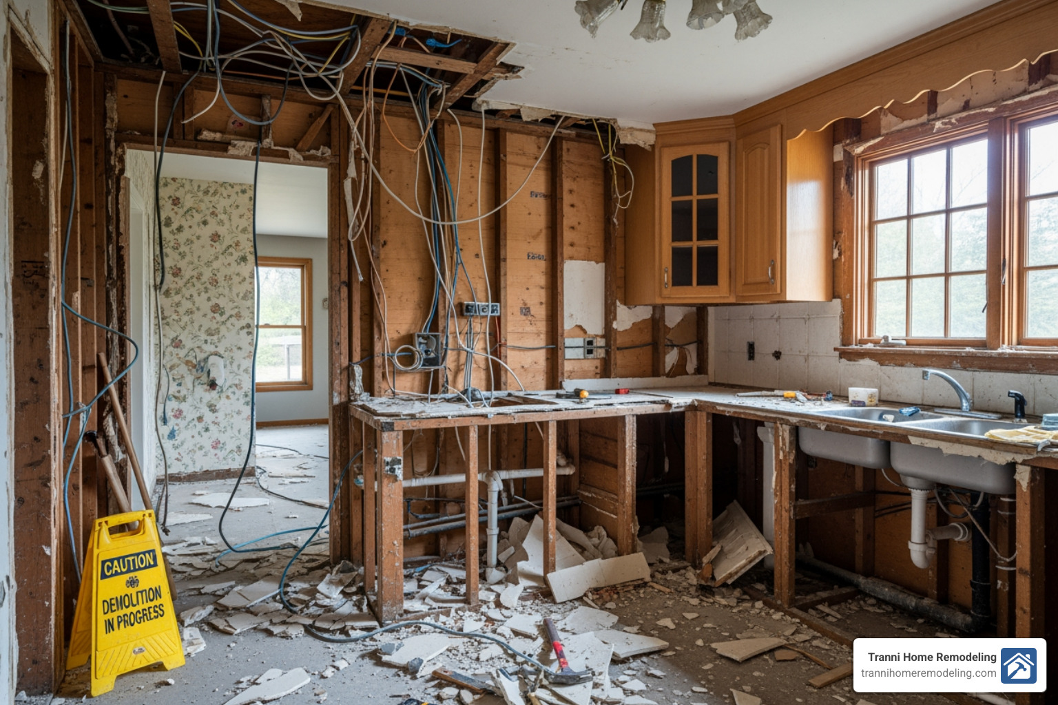kitchen mid-demolition showing exposed studs and wiring - do i need a contractor for kitchen remodel