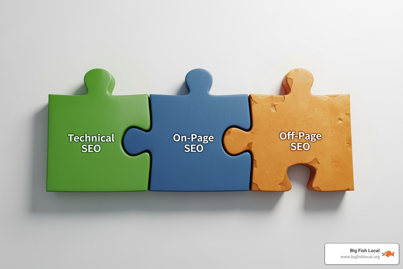 puzzle pieces labeled Local SEO, Technical SEO, E-commerce SEO - search engine optimization services puzzle pieces labeled Local SEO, Technical SEO, E-commerce SEO - search engine optimization services