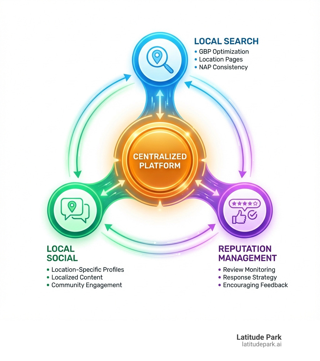 Infographic showing three interconnected pillars of multi-location marketing: Local Search (Google Business Profile optimization, location pages, NAP consistency), Local Social (location-specific profiles, localized content, community engagement), and Reputation Management (review monitoring, response strategy, encouraging feedback). At the center is a hub labeled "Centralized Platform" connecting all three pillars, with arrows showing data flowing between each component. - developing and executing a multi-location marketing infographic 
