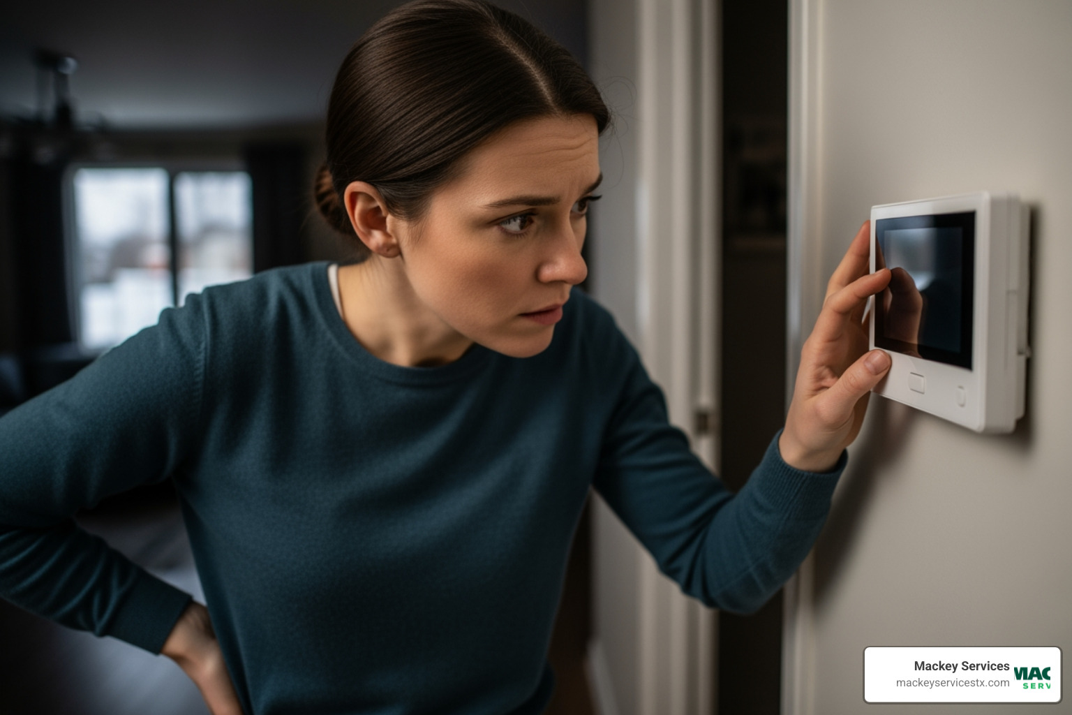 infographic showing common signs of a broken furnace thermostat including blank display, inconsistent temperatures, frequent furnace cycling, unresponsive controls, and increased energy bills, along with quick troubleshooting steps like checking batteries, verifying heat mode, and inspecting the circuit breaker - "My furnace thermostat seems to be broken. Find a repair service in Dickinson."