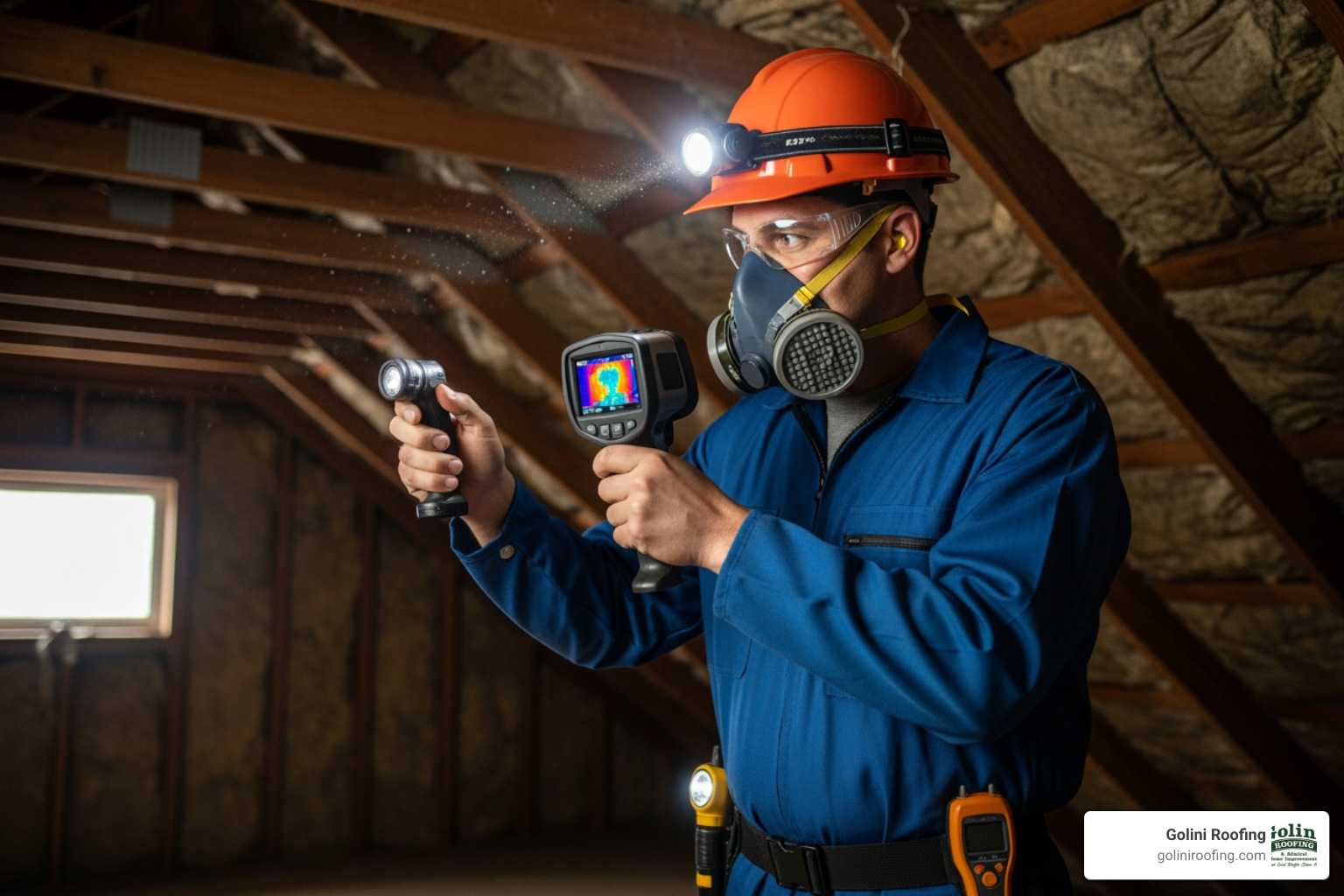 Professional inspector in an attic using a thermal imaging camera - attic mold inspection Professional inspector in an attic using a thermal imaging camera - attic mold inspection