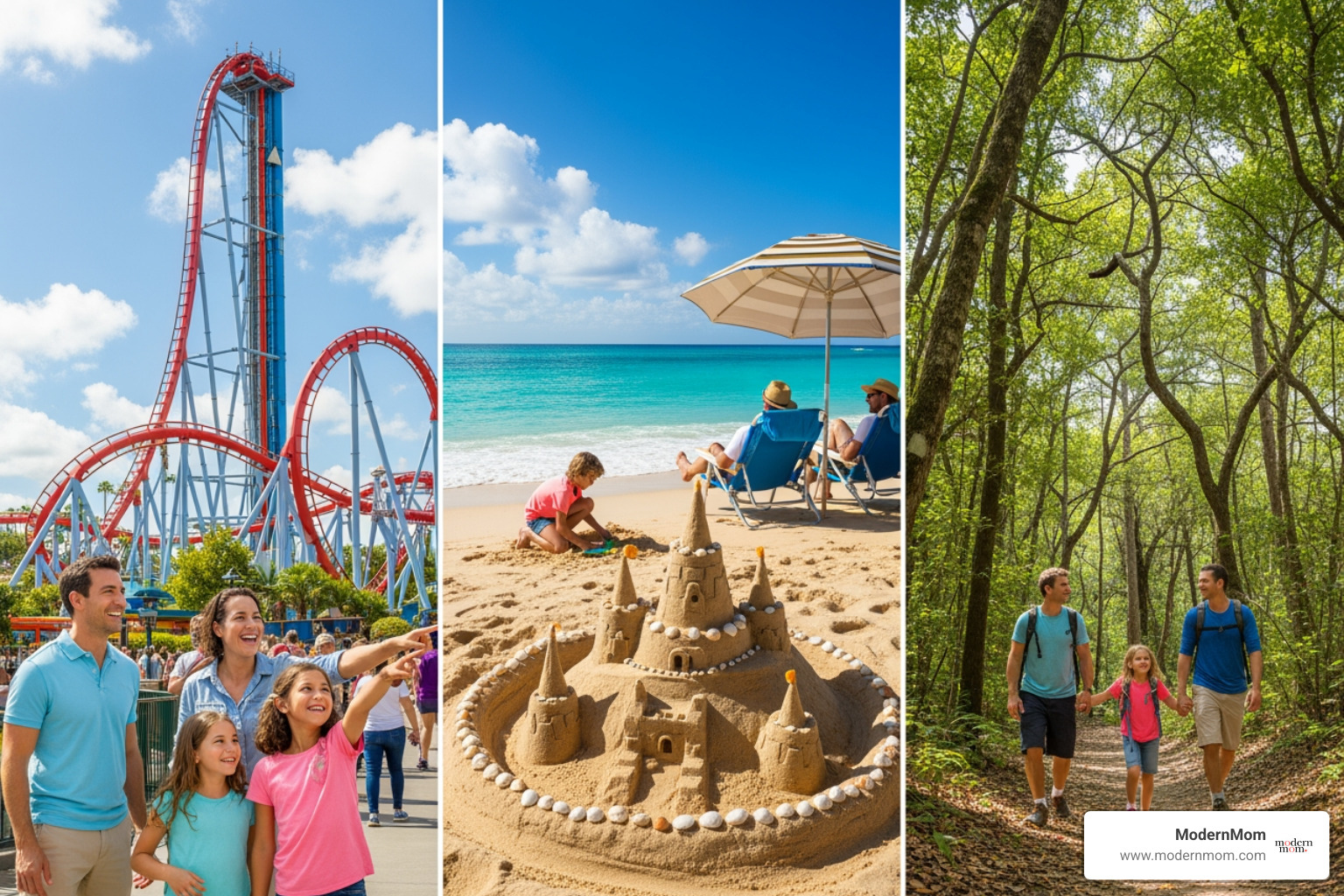 collage showing different vacation types a theme park a beach and a nature trail - Hotel deals family