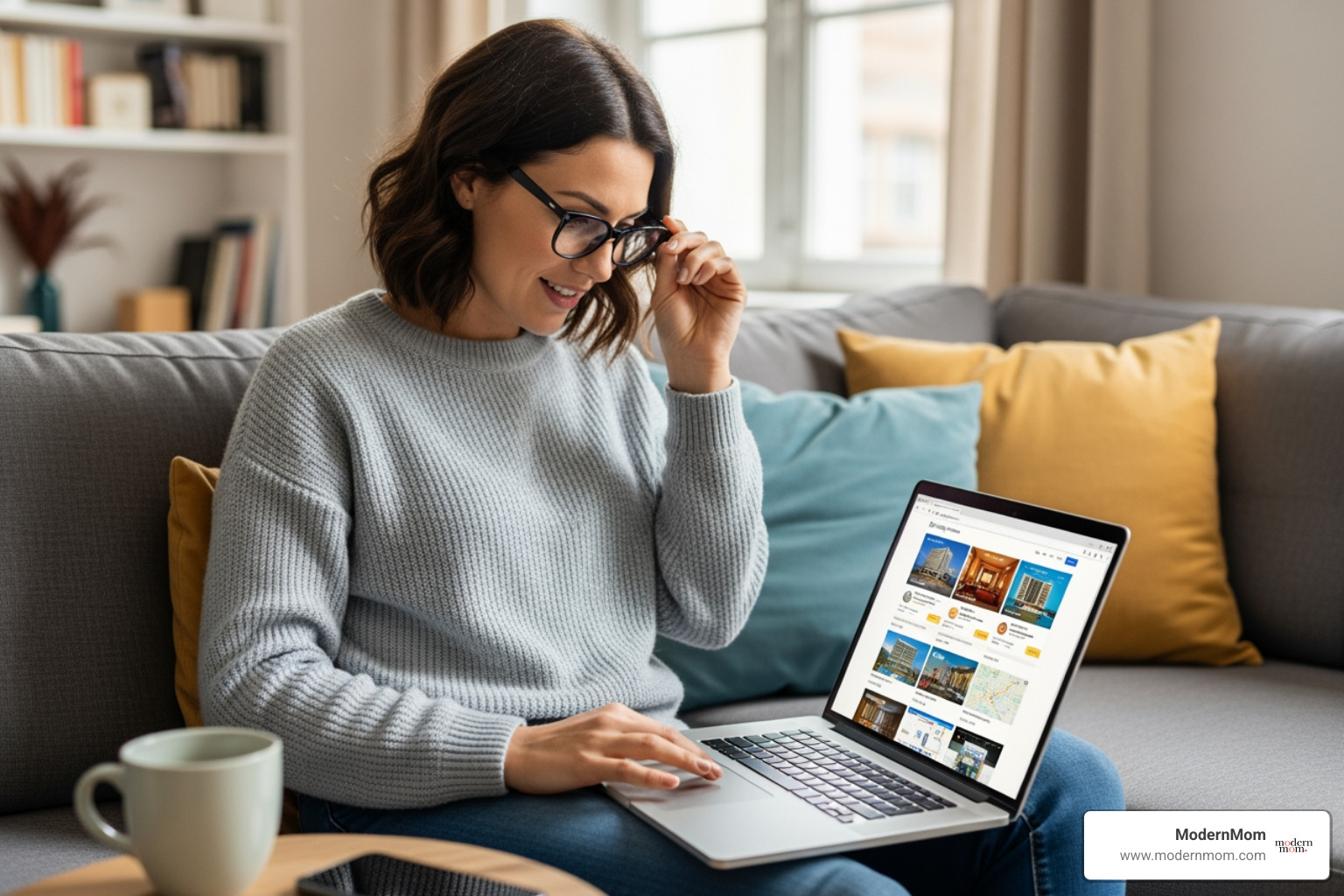 mom on a laptop comparing hotel prices - Hotel deals family