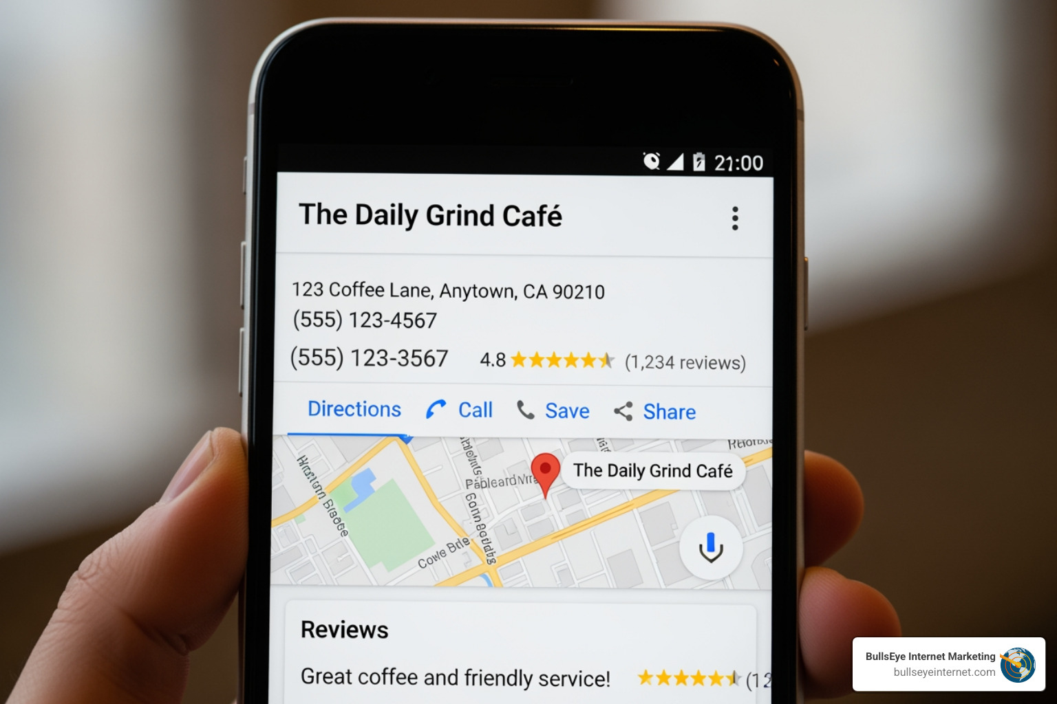 Smartphone displaying Google Business Profile for The Daily Grind Café, featuring address, phone numbers, star rating, and map location, emphasizing local SEO importance for Jacksonville businesses.