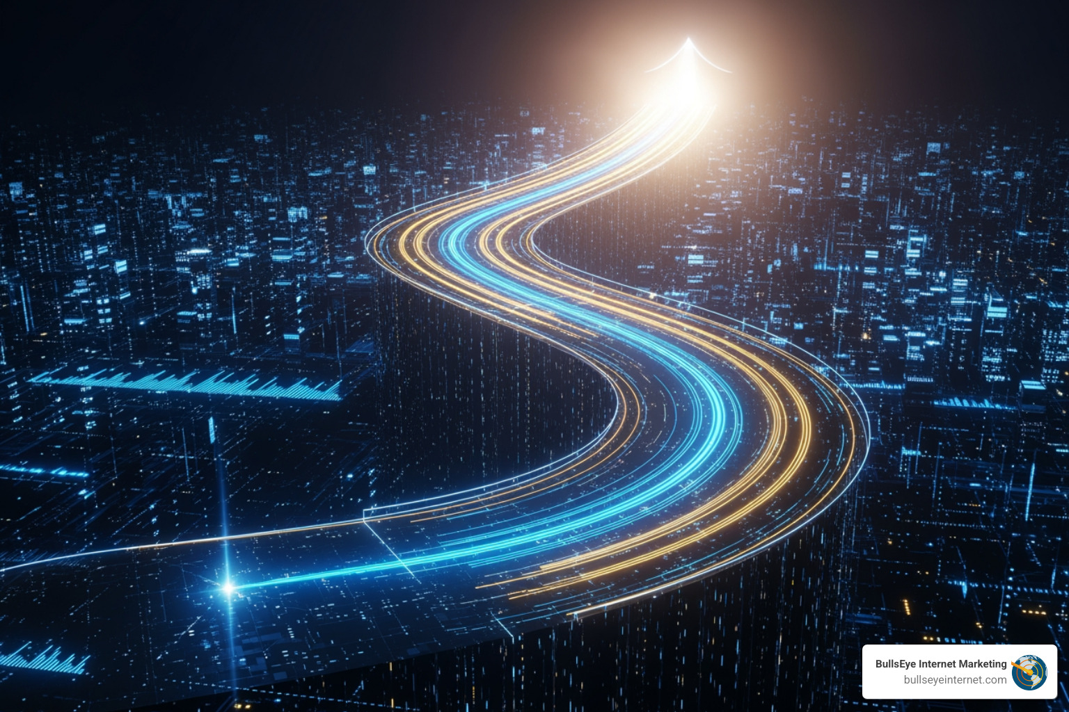 Digital highway with illuminated paths through a futuristic cityscape, symbolizing the journey to SEO success for small businesses in Jacksonville, featuring Bullseye Internet Marketing branding.