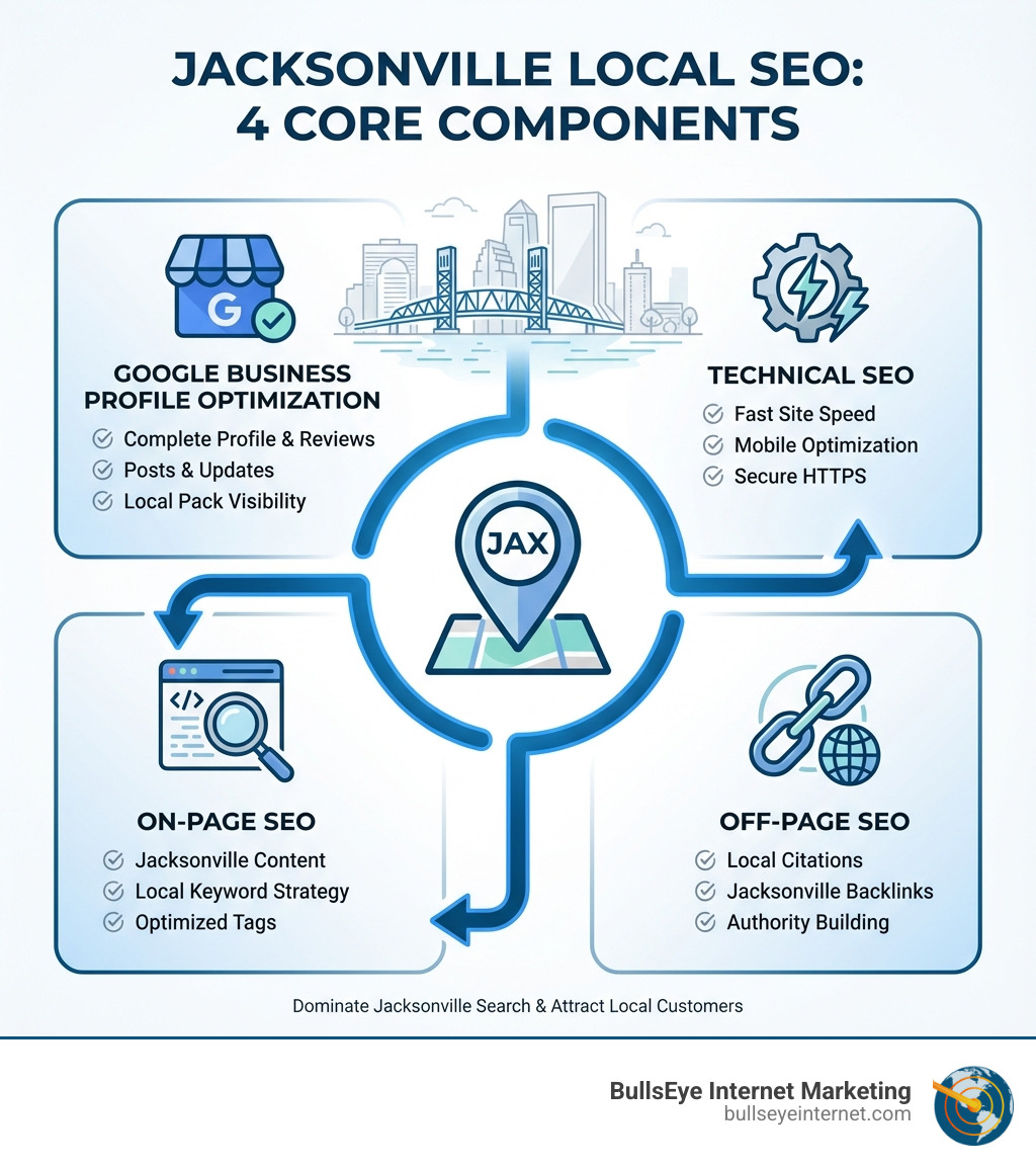 Jacksonville local SEO infographic illustrating four core components: Google Business Profile Optimization, Technical SEO, On-Page SEO, and Off-Page SEO, with a focus on attracting local customers for small businesses.