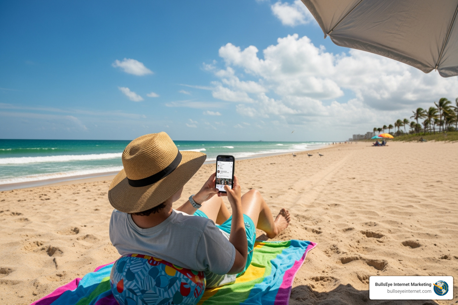Person relaxing on a colorful beach towel using a smartphone at a sunny beach in Florida, highlighting the importance of mobile optimization for local searches.