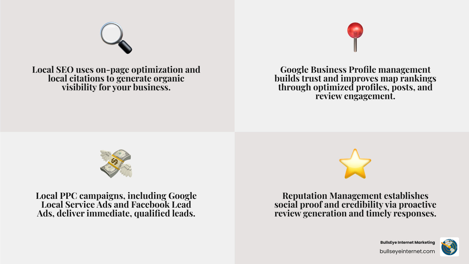 Infographic showing the four pillars of successful local marketing: Local SEO with on-page optimization and local citations generating organic visibility; Google Business Profile management with photos, posts, and reviews building trust and map rankings; Local PPC including Google Local Service Ads and Facebook Lead Ads delivering immediate qualified leads; and Reputation Management with review generation and response creating social proof—all feeding into increased phone calls, form submissions, and revenue growth - Local marketing agency infographic 4_facts_emoji_grey Local marketing agency services overview featuring Local SEO, Google Business Profile management, PPC campaigns, and Reputation Management, emphasizing strategies for increasing visibility and generating qualified leads.