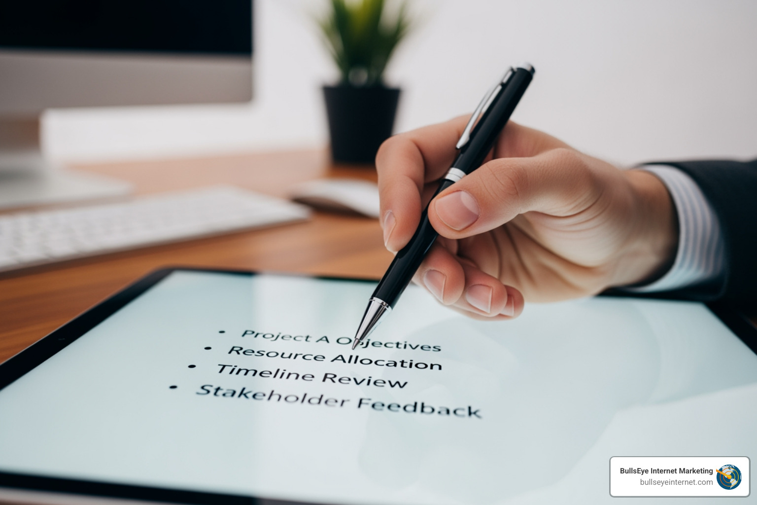 A checklist for hiring a marketing agency, with items like "Transparent Reporting," "Proven Track Record," and "Industry Expertise." - Local marketing agency Hand holding a pen writing on a digital tablet displaying project objectives, resource allocation, timeline review, and stakeholder feedback, in a professional office setting.