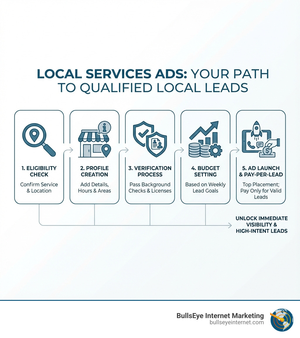 infographic showing the step-by-step process for setting up local services ads: eligibility check, profile creation with business details and service areas, verification process including background checks and license verification, budget setting based on weekly lead goals, and ad launch with pay-per-lead model - setting up local services ads infographic infographic showing the step-by-step process for setting up local services ads: eligibility check, profile creation with business details and service areas, verification process including background checks and license verification, budget setting based on weekly lead goals, and ad launch with pay-per-lead model - setting up local services ads infographic