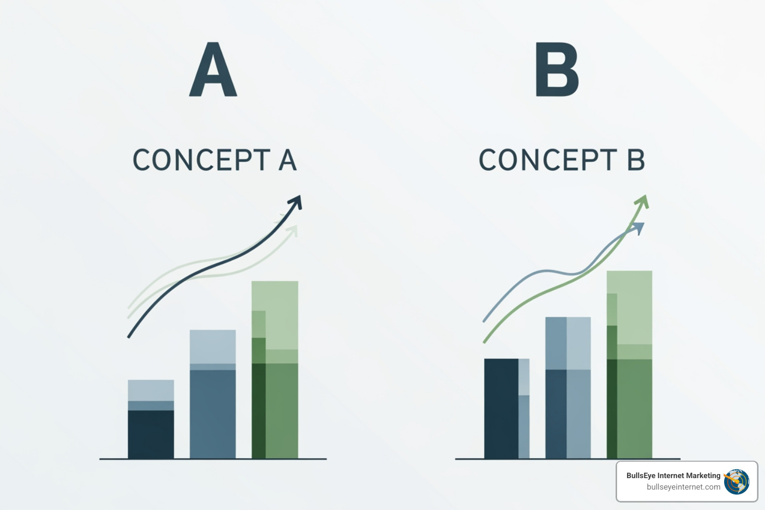 Bar graph comparison illustrating "Concept A" and "Concept B" with upward trends, representing performance metrics for PPC ad campaign management by Bullseye Internet Marketing.