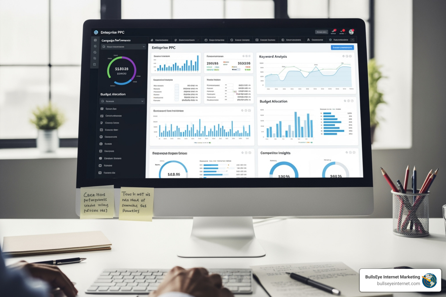 strategic blueprint for a PPC campaign - enterprise ppc management Dashboard displaying enterprise PPC performance metrics, including budget allocation, keyword analysis, and competitor insights, with notes and a workspace setting.