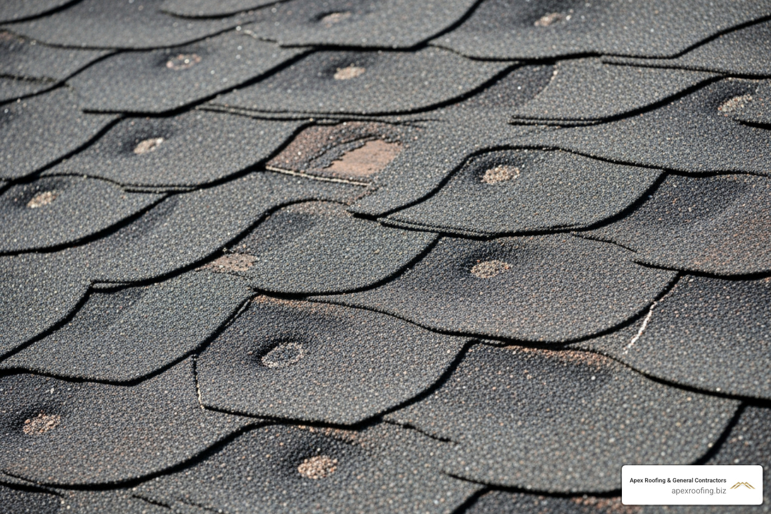 hail-damaged shingles showing circular marks and granule loss - post-storm roof inspection
