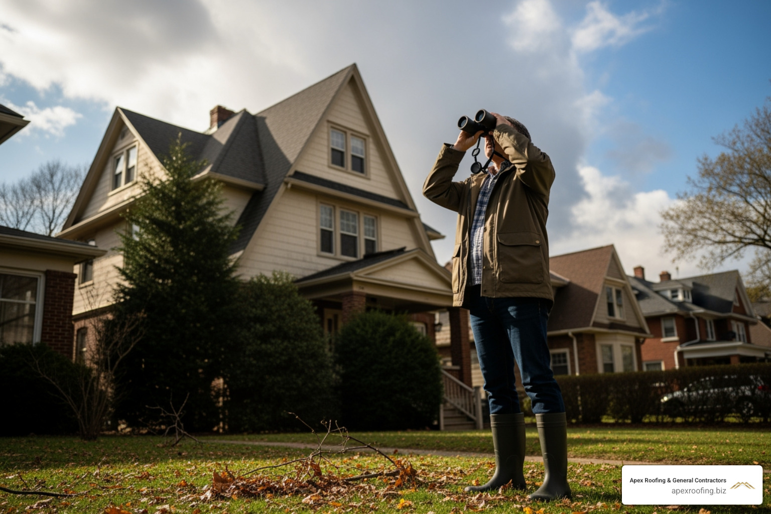 homeowner safely inspecting yard with binoculars - post-storm roof inspection